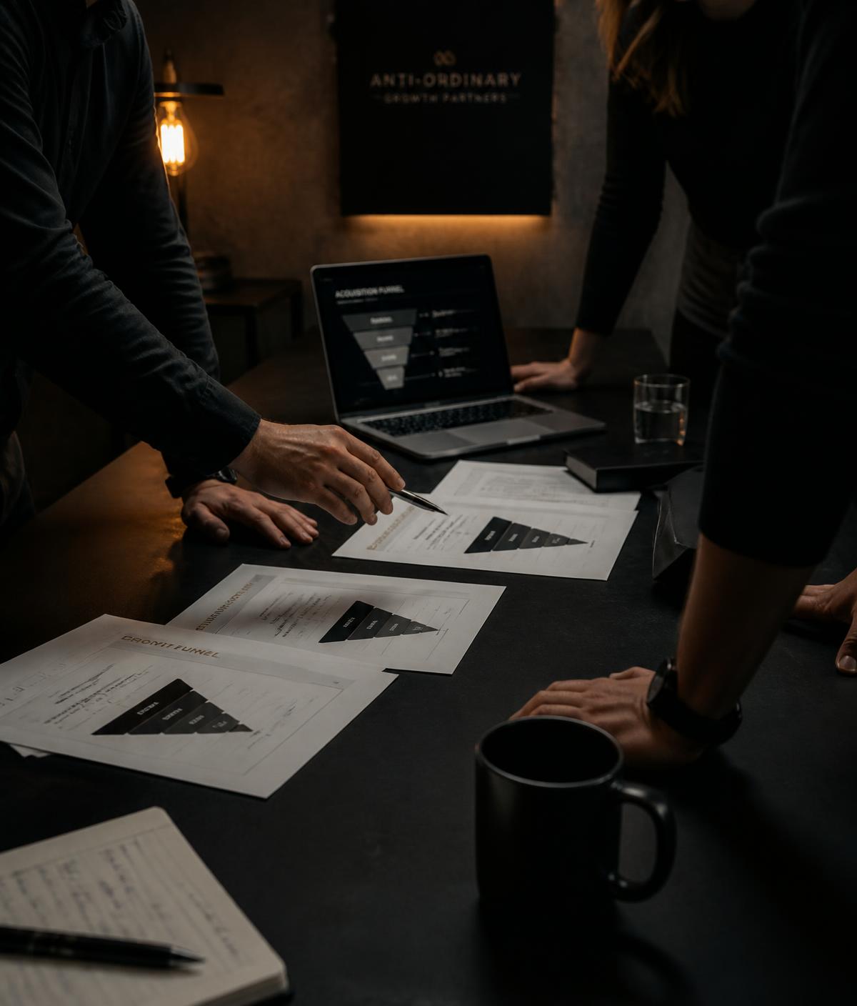 Growth strategists reviewing acquisition funnel diagrams during a working session